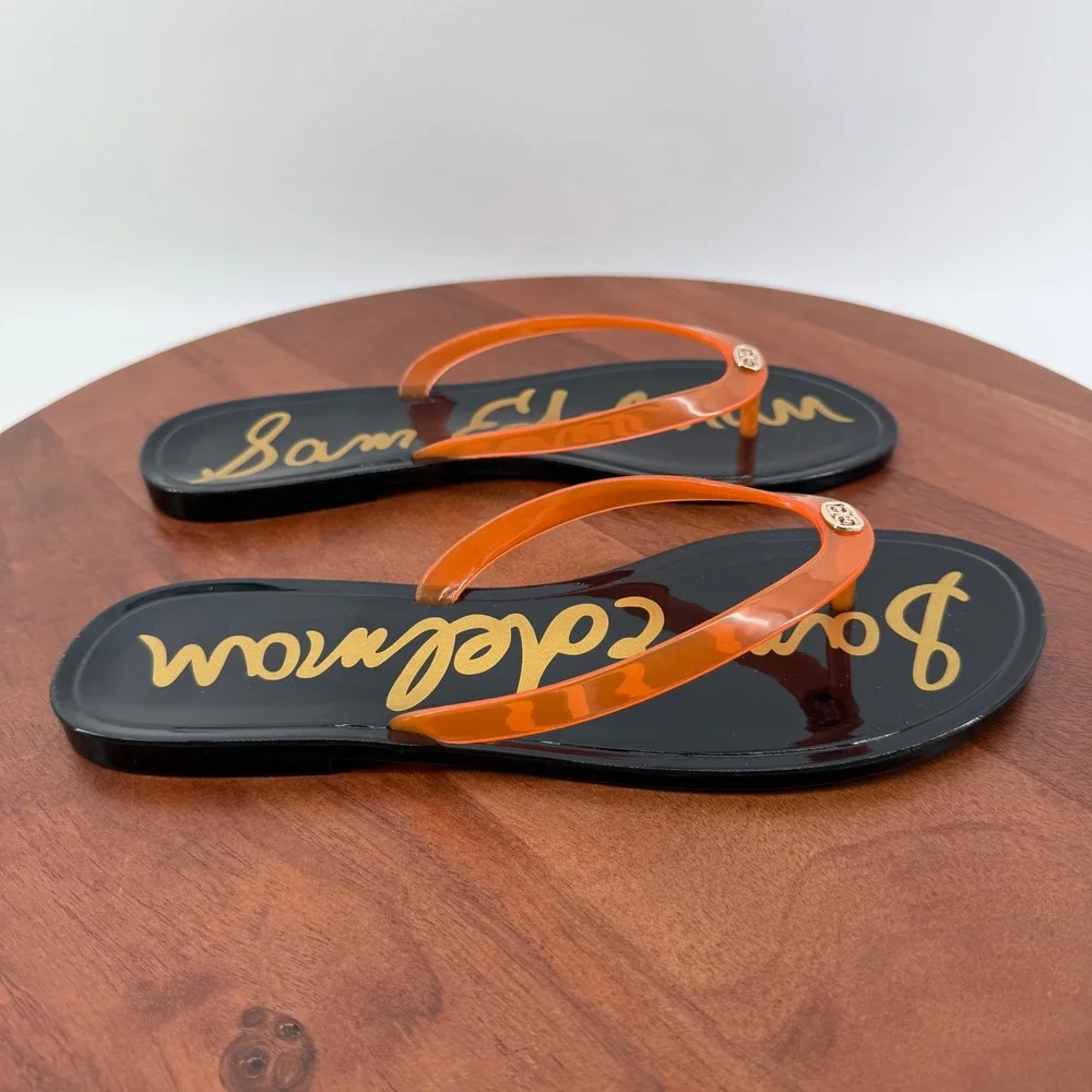 Sam Edelman Dean Jelly Thong Sandals  Black Orange/Red Clear Flip Flops Womens 8